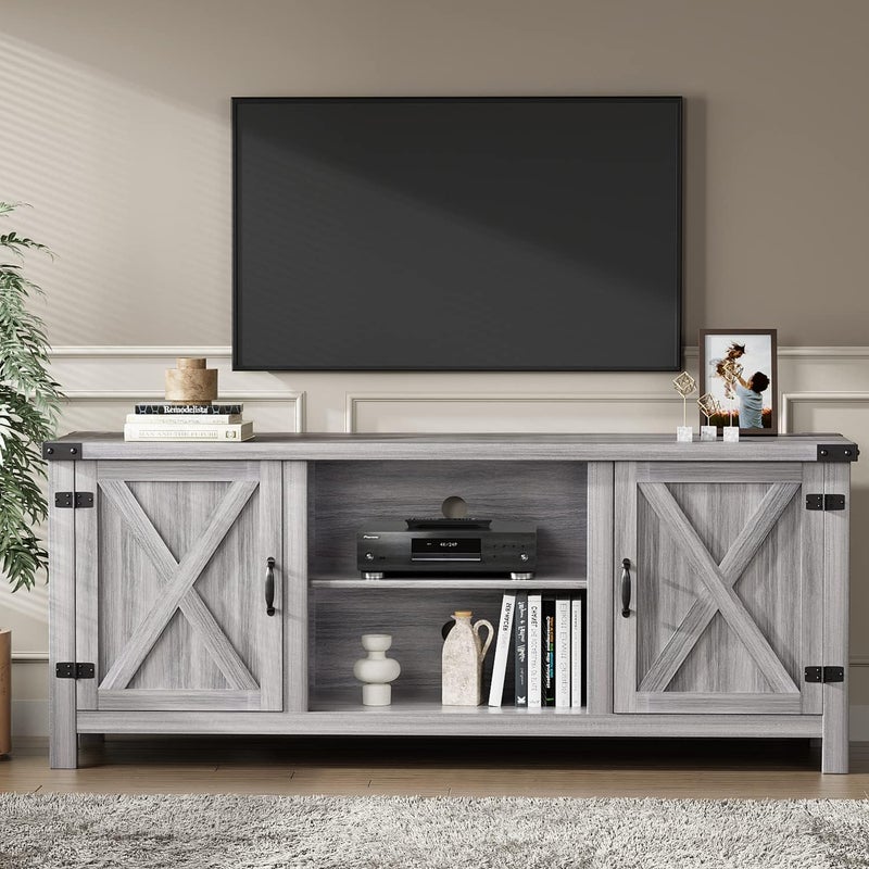 YESHOMY Modern Farmhouse TV Stand with Two Barn Doors and Storage Cabinets for Televisions up to 65+ Inch, Entertainment Center Console Table, Media Furniture for Living Room, 58 Inch, Gray Wash - Image 2